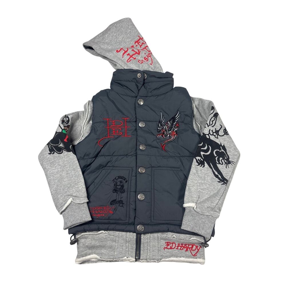 Don Ed Hardy Puffer Vest Jacket Kids 6-6X 2-in-1 Embroidered Skull Y2K Hoodie